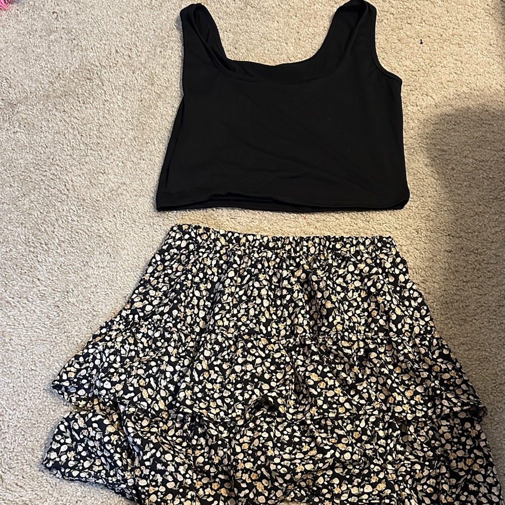 SHEIN Black and Cream Floral Skirt Set